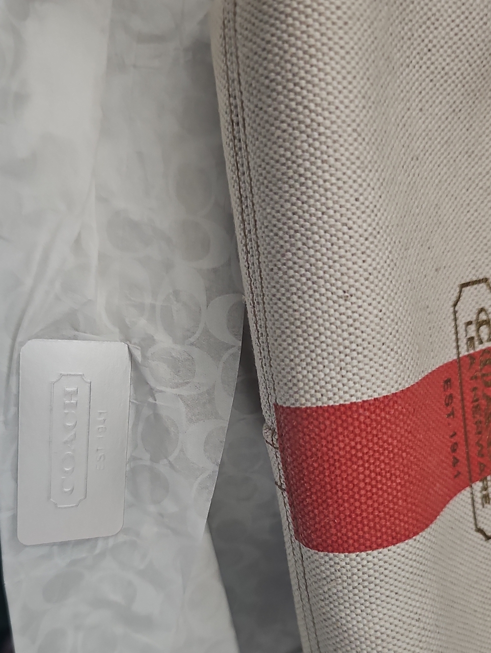 NIB Coach Cream and Red Linen and Leather Wristlet with Heritage Stripe Full Inc - Picture 14 of 15